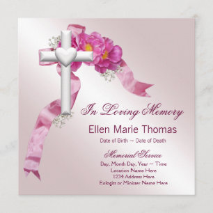 Pink Rose Cross In Loving Memory Memorial Invitation