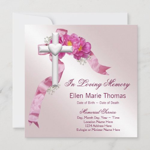 Pink Rose Cross In Loving Memory Memorial Invitation