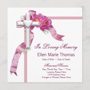 Pink Rose Cross In Loving Memory Memorial Invitation