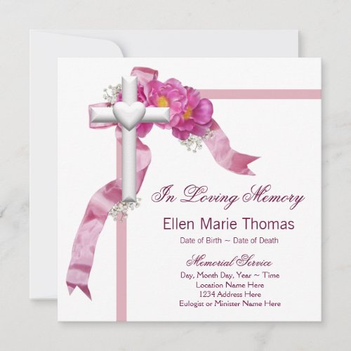 Pink Rose Cross In Loving Memory Memorial Invites