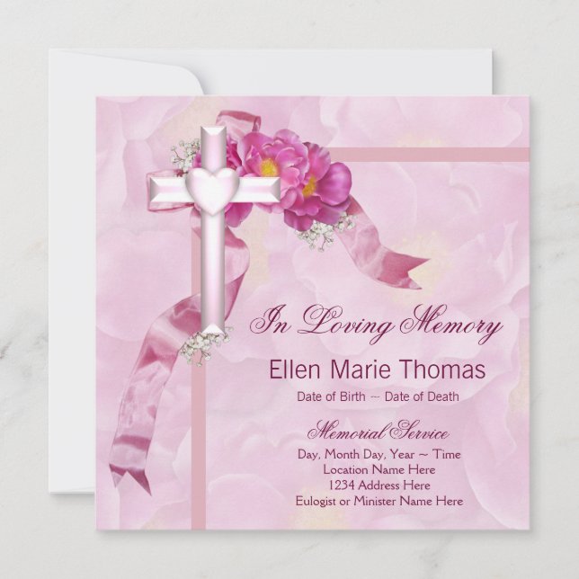 Pink Rose Cross In Loving Memory Memorial Invitation (Front)