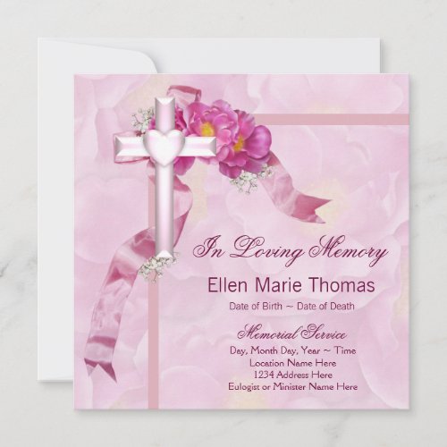 Pink Rose Cross In Loving Memory Memorial Invitation