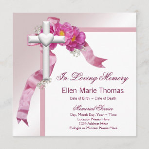 Pink Rose Cross In Loving Memory Memorial Invitation