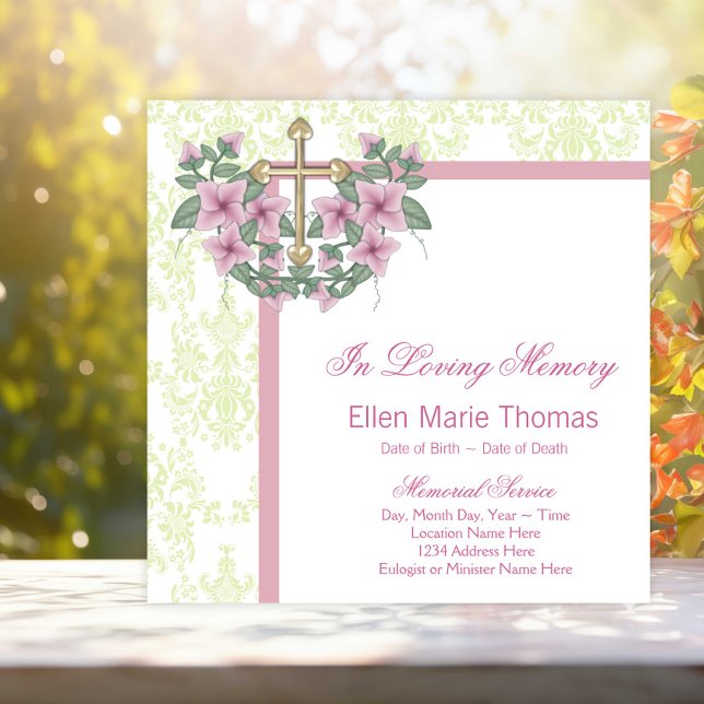 Pink Rose Cross In Loving Memory Memorial Invitation (Pretty spring colors memorial and funeral announcement.)