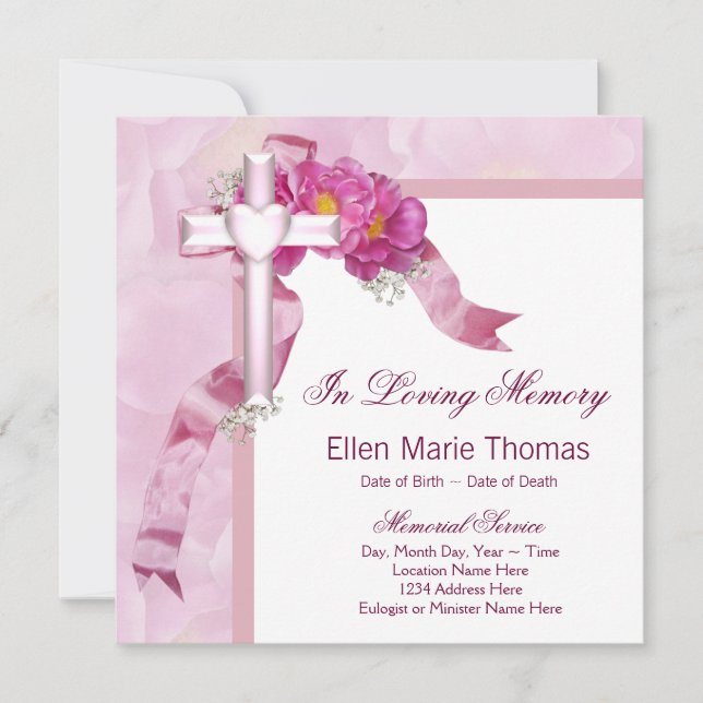 Pink Rose Cross In Loving Memory Memorial Invitation (Front)