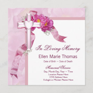 Pink Rose Cross In Loving Memory Memorial Invitation