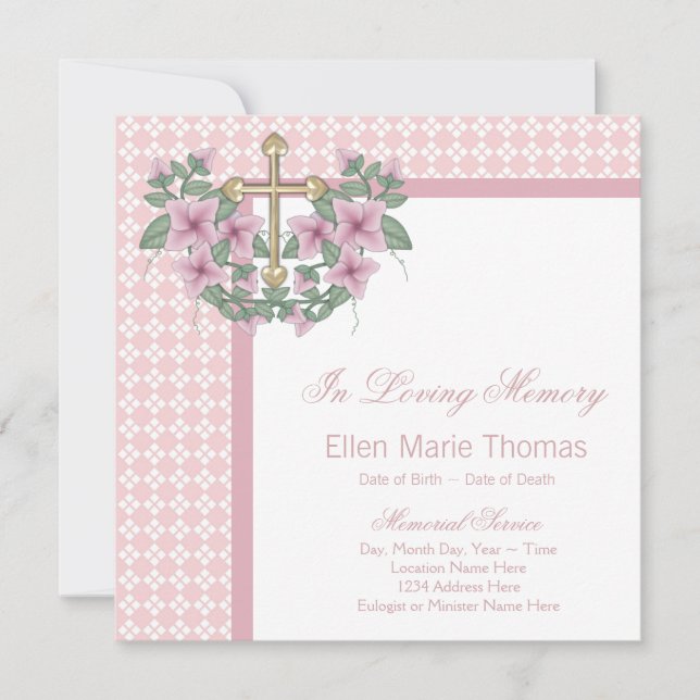 Pink Rose Cross Mourning Cards (Front)