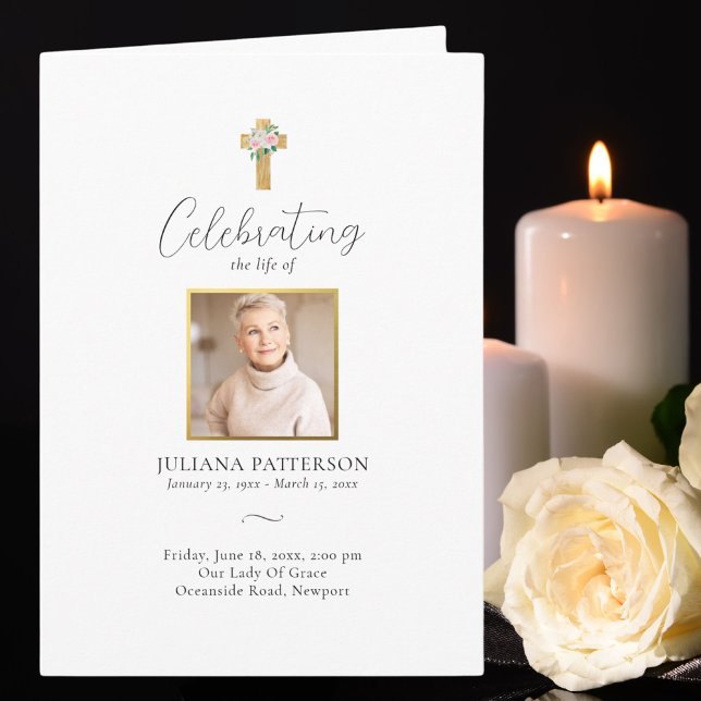 Pink Rose Cross Photos Funeral Order of Service Program (Creator Uploaded)