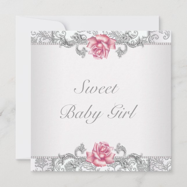 Pink Rose Damask Baby Girl Shower Invitation (Front)