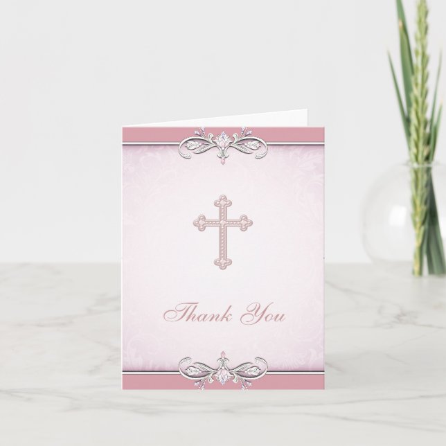 Pink Rose Damask Cross Christian Thank You Card (Front)