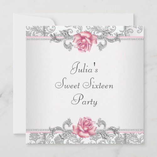 Pink Rose Damask Pretty Pink Sweet Sixteen Party Invitation