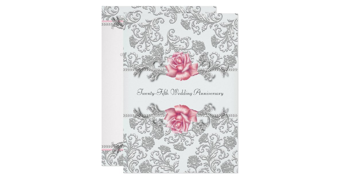 Pink Rose Damask Silver 25th Wedding Anniversary Card | Zazzle
