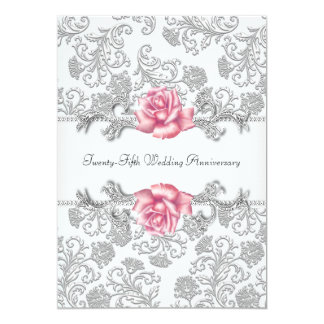 Pink Rose Damask Silver 25th Wedding Anniversary Card