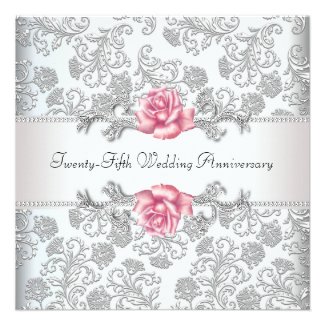 Pink Rose Damask Silver 25th Wedding Anniversary Custom Invite