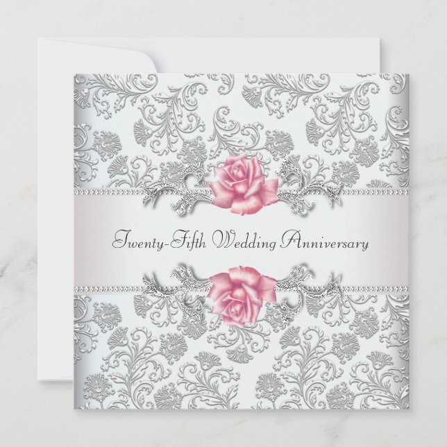 Pink Rose Damask Silver 25th Wedding Anniversary Invitation (Front)