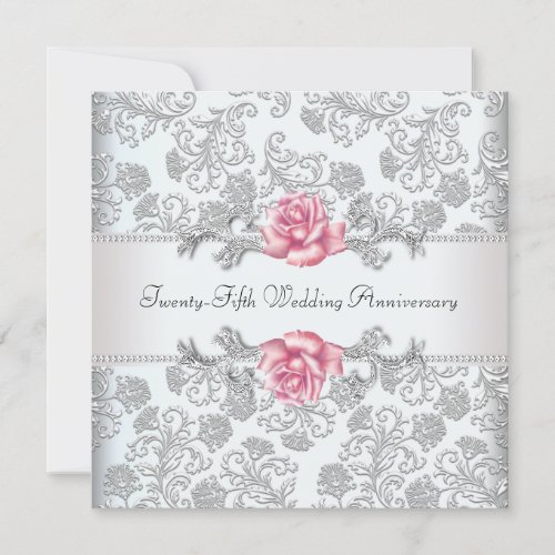 Pink Rose Damask Silver 25th Wedding Anniversary Custom Invite