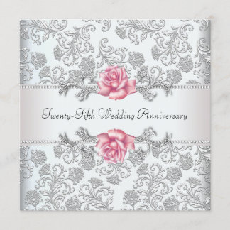 Pink Rose Damask Silver 25th Wedding Anniversary Invitation