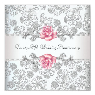 Pink Rose Damask Silver 25th Wedding Anniversary Invitation