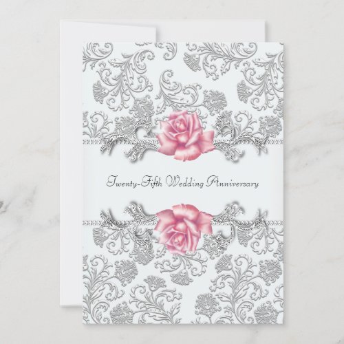 Pink Rose Damask Silver 25th Wedding Anniversary Personalized Announcements