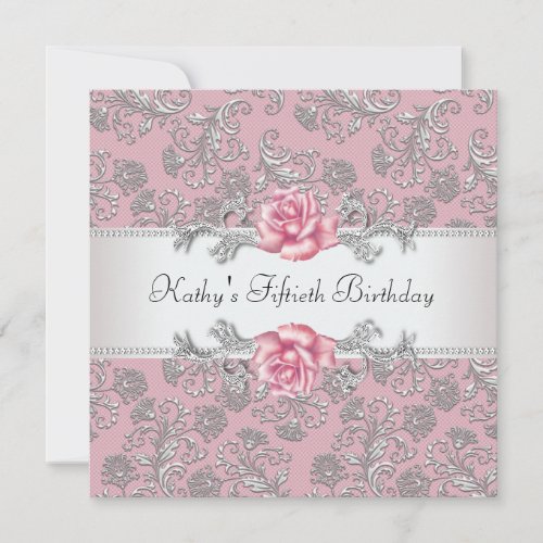 Pink Rose Damask Womans 50th Birthday Party Custom Invites