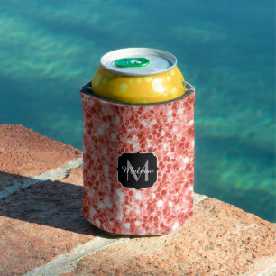 Pink rose dark coral glitter sparkles Monogram Can Cooler