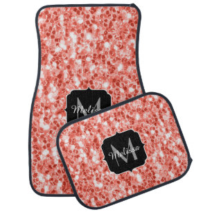 Pink rose dark coral glitter sparkles Monogram Car Floor Mat