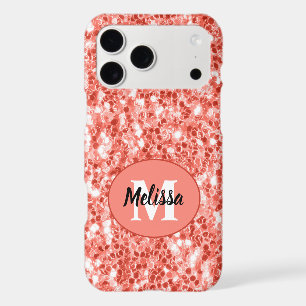 Pink rose dark coral glitter sparkles Monogram iPhone 17 Pro Max Case
