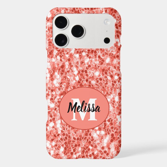 Pink rose dark coral glitter sparkles Monogram iPhone Case (Back)