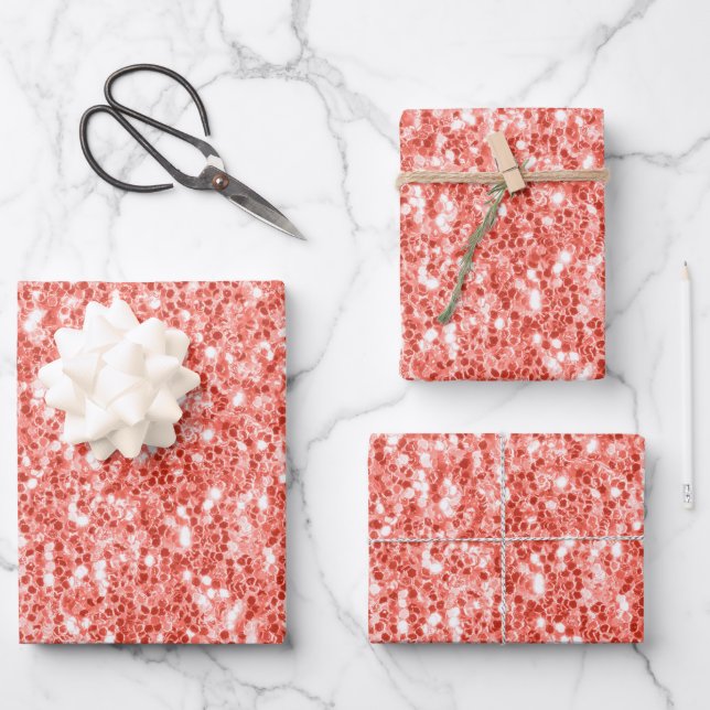 Pink rose dark coral shiny glitter sparkles bling wrapping paper sheets (Front)