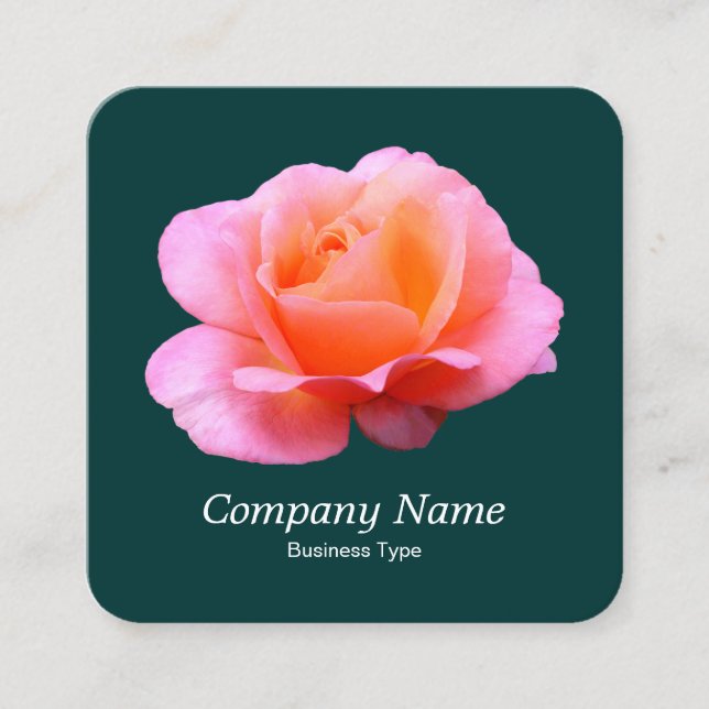 Pink Rose - Dark Green Square Business Card (Front)