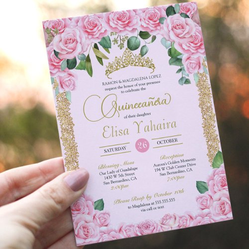 Pink Rose Decorative Gold Elegant Quinceaera Invitation