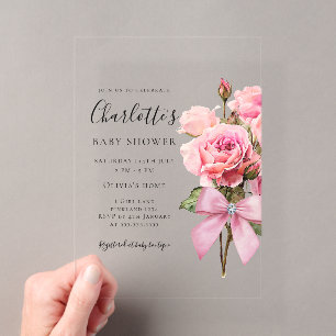 Pink Rose Diamond Bow Girl Baby Shower Acrylic Invitations