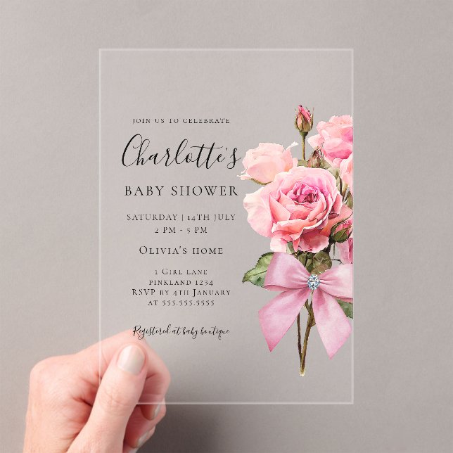 Pink Rose Diamond Bow Girl Baby Shower  Acrylic Invitations (Insitu (Handheld))