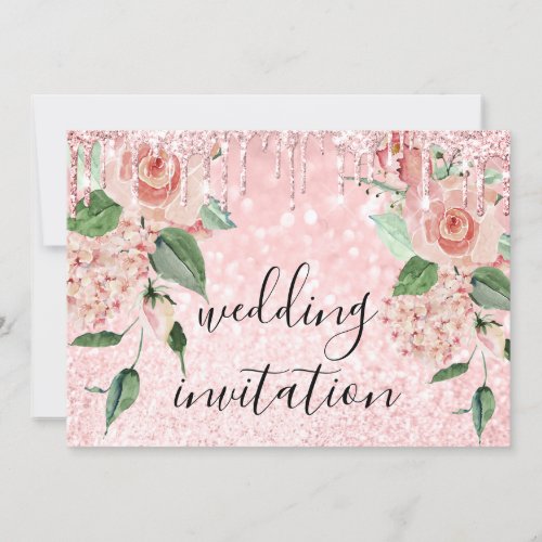Pink Rose  Drips Glitter Floral Green Wedding Invitation