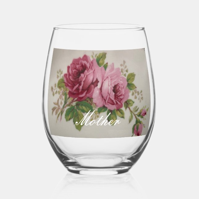 Pink Rose Elegance Drinkware Set Stemless Wine Glass (Front)