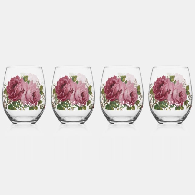 Pink Rose Elegance Drinkware Set Stemless Wine Glass (Front)