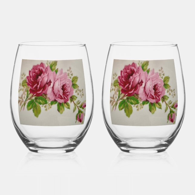 Pink Rose Elegance  Stemless Wine Glass (Front)
