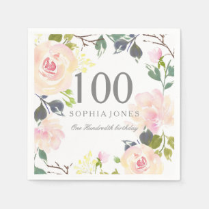 Pink Rose Elegant 100th Birthday Party Paper Napkins