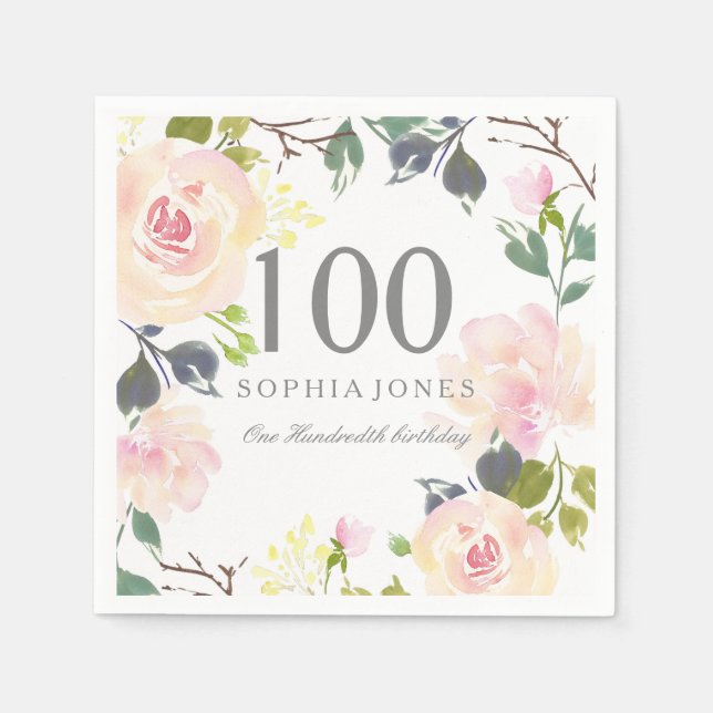 Pink Rose Elegant 100th Birthday Party Paper Napkins (Front)