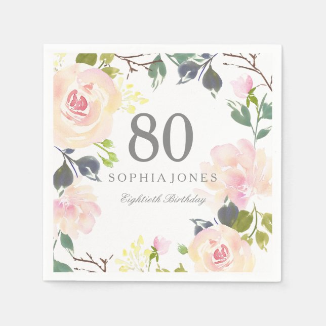 Pink Rose Elegant 80th Birthday Party Paper Napkins (Front)