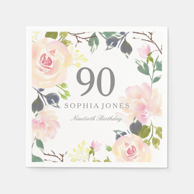 Pink Rose Elegant 90th Birthday Party Paper Napkins (Front)