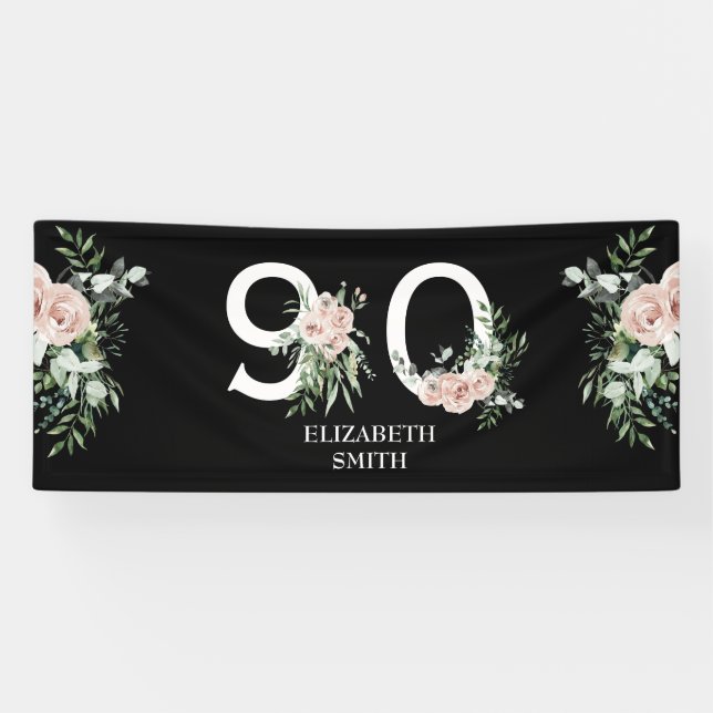 Pink Rose Elegant 90th Black Birthday Party  Banner (Horizontal)