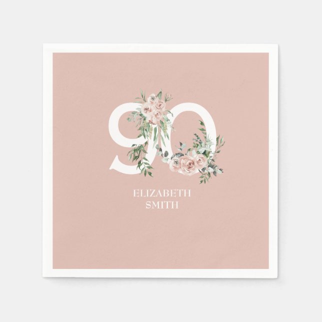 Pink Rose Elegant 90th Blush Birthday Party  Napkins (Front)