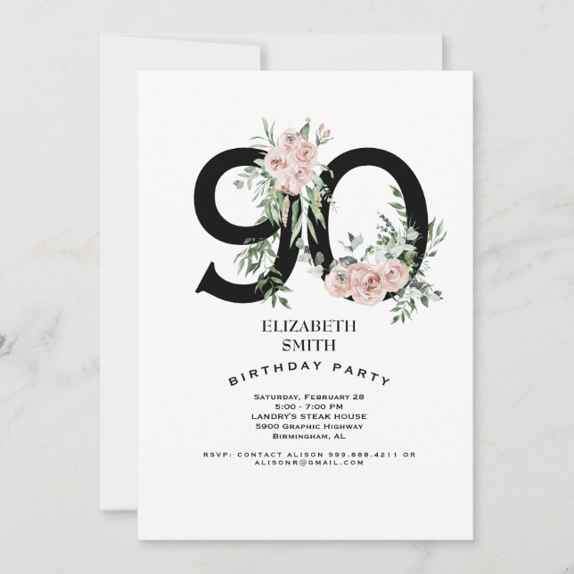 Pink Rose Elegant 90th White Birthday Party  Invitation (Front)