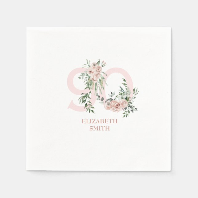 Pink Rose Elegant 90th White Birthday Party  Napkins (Front)