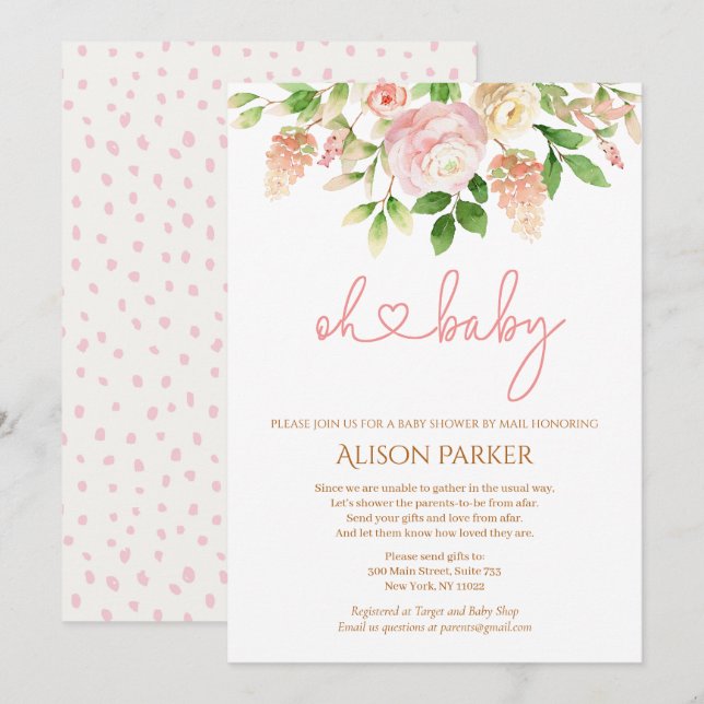 Pink Rose Elegant Floral Girl Baby Shower by Mail Invitation (Front/Back)