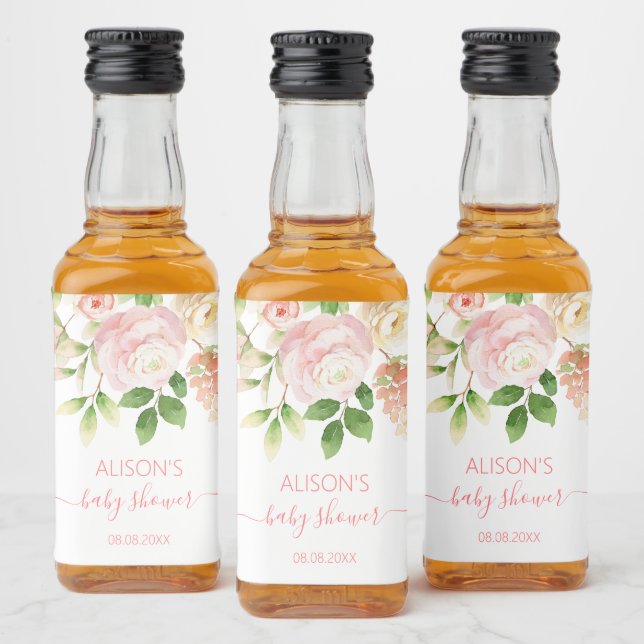 Pink Rose Elegant Floral Girl Baby Shower Mini  Liquor Bottle Label (Bottles)