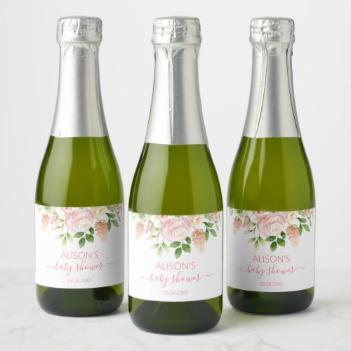 Pink Rose Elegant Floral Girl Baby Shower Mini Sparkling Wine Label