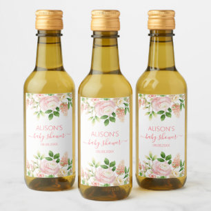 Pink Rose Elegant Floral Girl Baby Shower Mini Wine Label