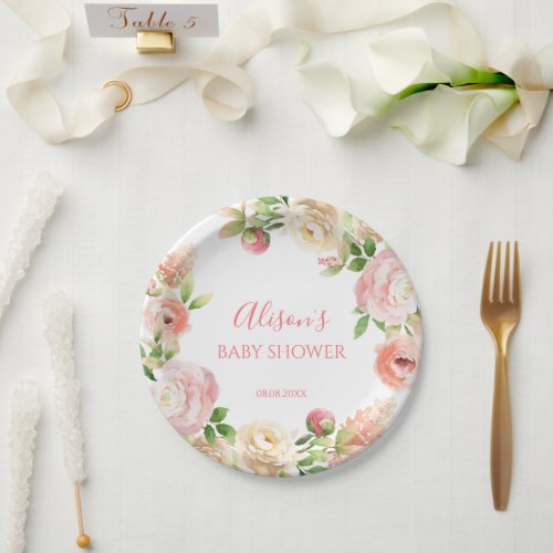 Pink Rose Elegant Floral Girl Baby Shower Paper Plates